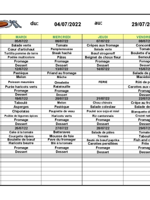 MENU JUILLET 2022